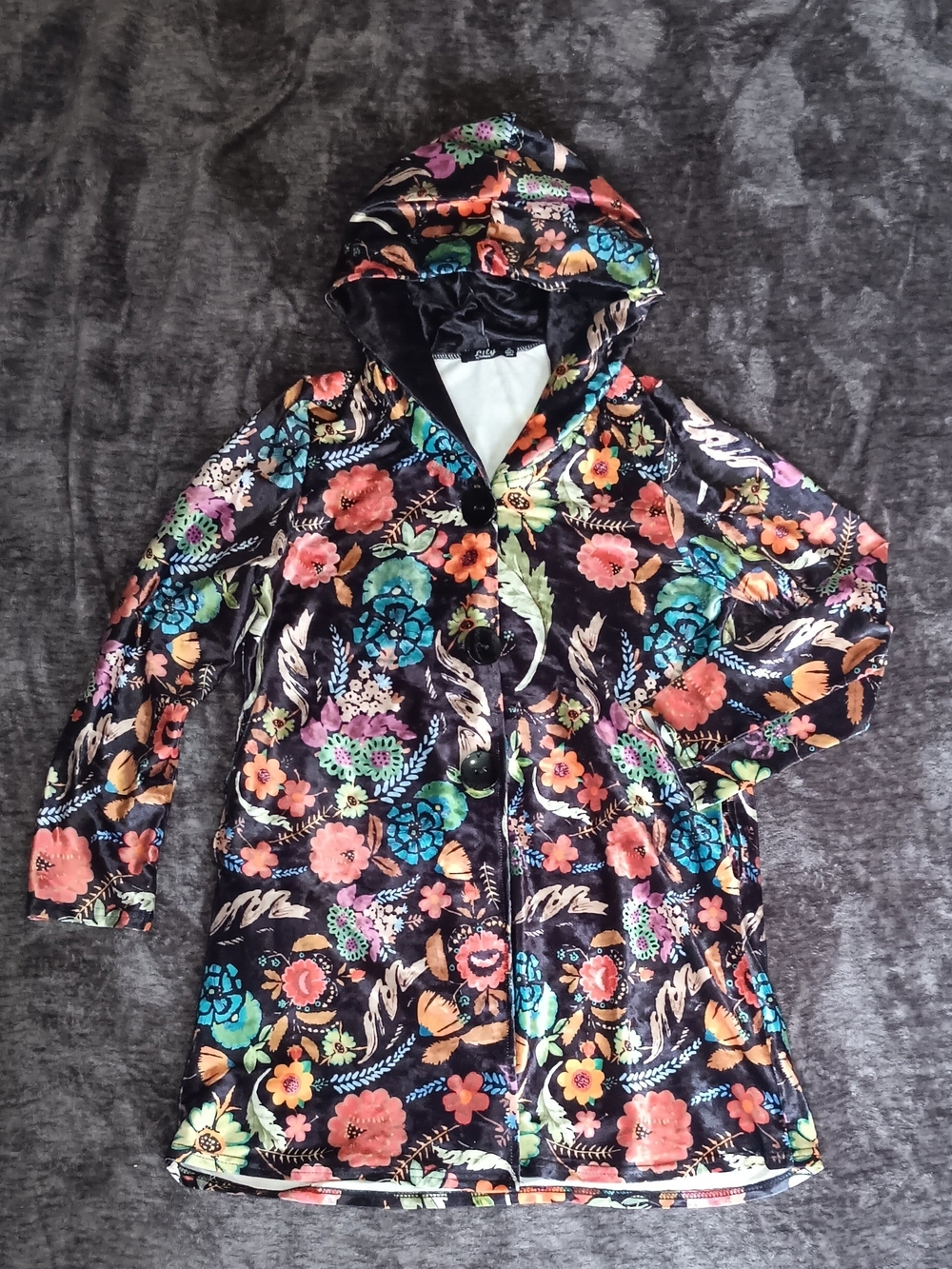 Lily by Firmiana Floral Hooded Button ShirtJacket Black Multicolor Womens Size M